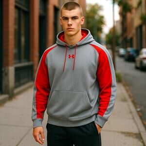 Under Armour Hoodie Men’s XL Gray / Red Accents Long Sleeve Sweatshirt Logo